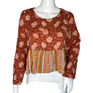 Jolt Shirt Women Medium Orange Floral Stripe Babydoll Boho Bohemian‎ Peasant